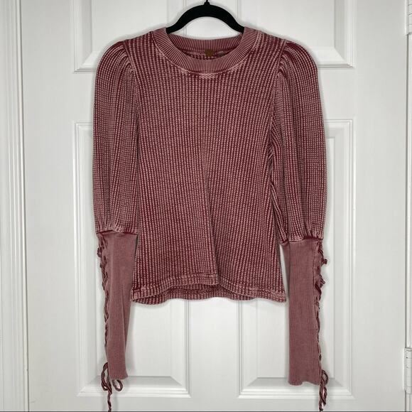 FREE PEOPLE Waffle Thermal Crew Medieval Lace Up Sleeves Pleated Shoulder XS - Picture 8 of 11